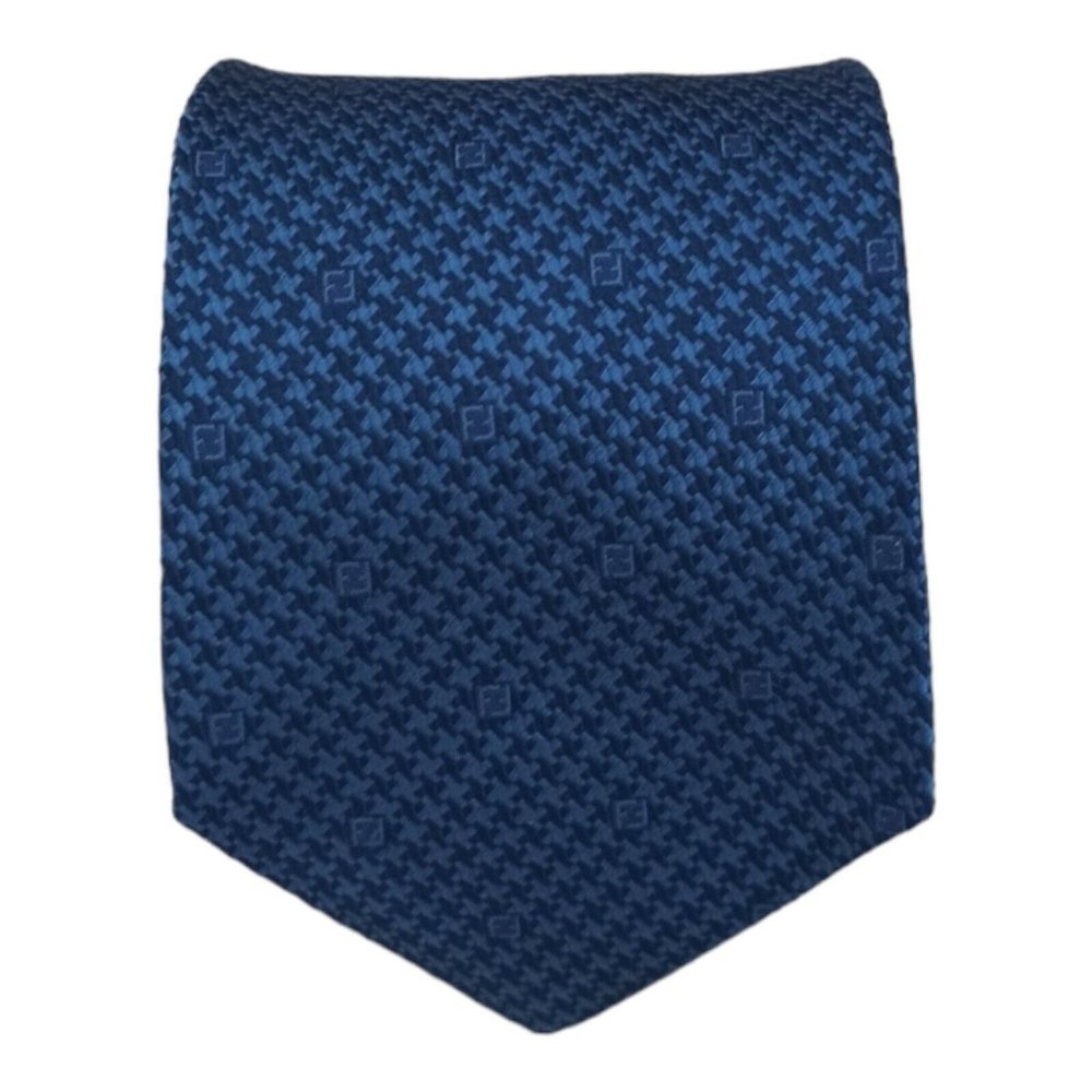 FENDI Blue Houndstooth Monogrammed Logo "FF" Silk Tie ITALY 58"/ 3.8" EC